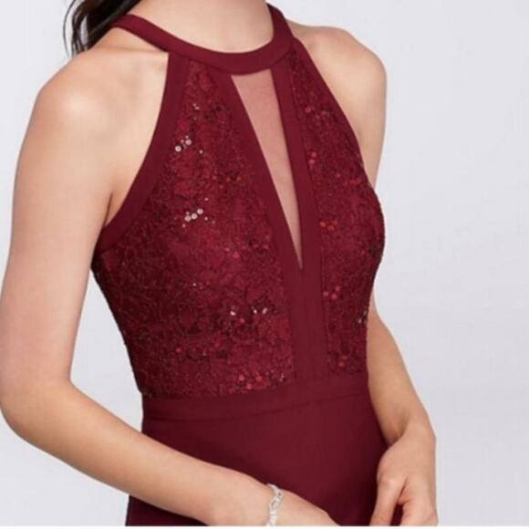 Morgan & Co Merlot Illusion Floor Length Gown size 5/6 - Picture 2 of 8